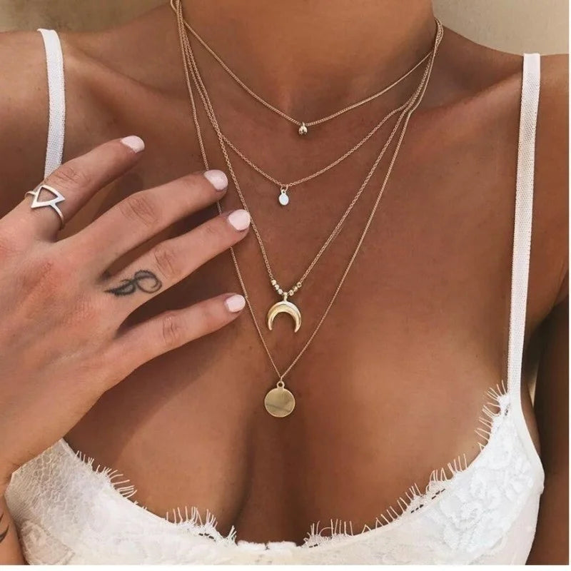 Vintage Necklace for Women on Neck Silver Chain Necklace Bohemian Multilayer Coins Necklace Girls Collier Femme Collares Jewelry