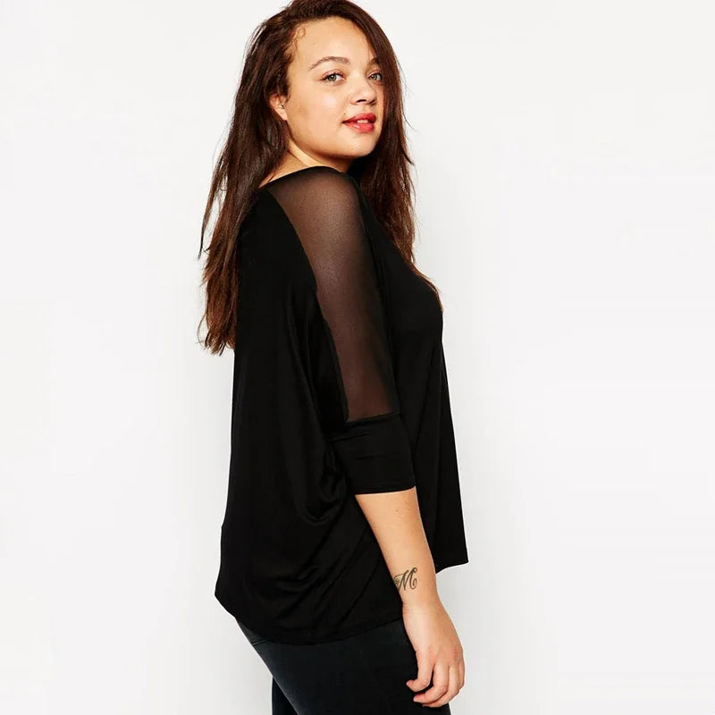 Plus Size Summer Elegant Loose Blouse Women 3/4 Batwing Sleeve Mesh Panel Black Loose Oversize Top Large Size Casual T-shirt 6XL