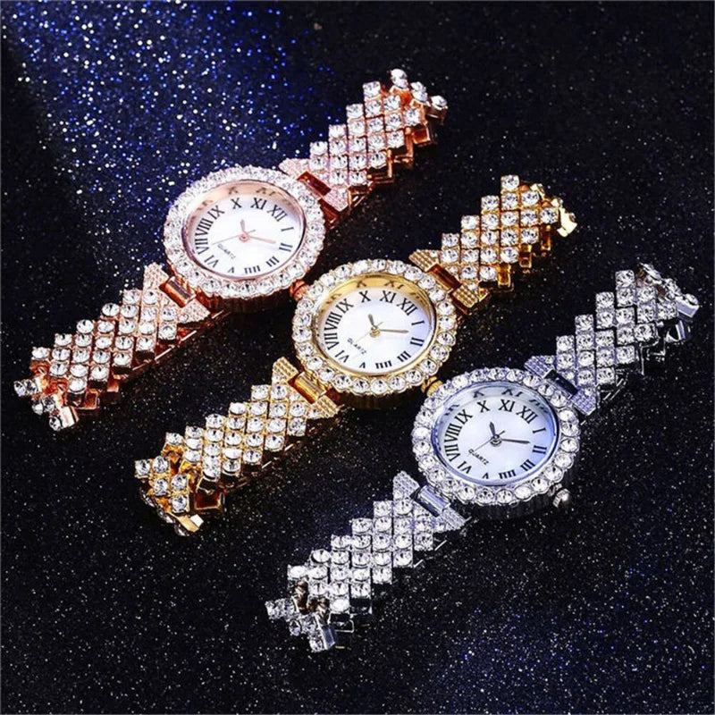 Fashion  Business  Luxury Full Crystal Watch Set Diamond Bracelet Set Jewelry for Women Gift  with Set Gift Box