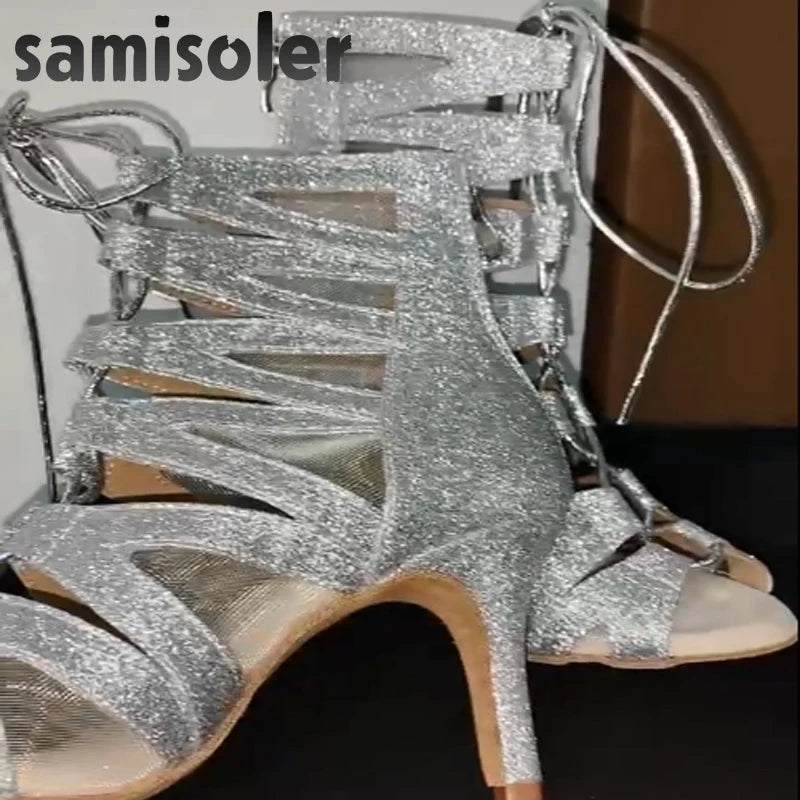 Samisoler High top dance shoes women's Latin jazz dance shoes adult hollowed out dance shoes ballroom dance shoes cool boots