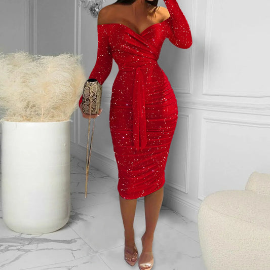 Formal Dress For Women Sexy Off Shoulder Long Sleeve Slim Bodycon Hip Wrap Ruched Midi Red Dress Vintage  Party Dress Vestidos