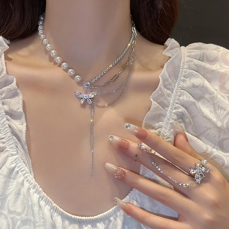 French Short Clavicle Chain New Flower Fairy Light Luxury Minority Design Temperament Pearl Tassel NecklaceTrendy Girl Gifts