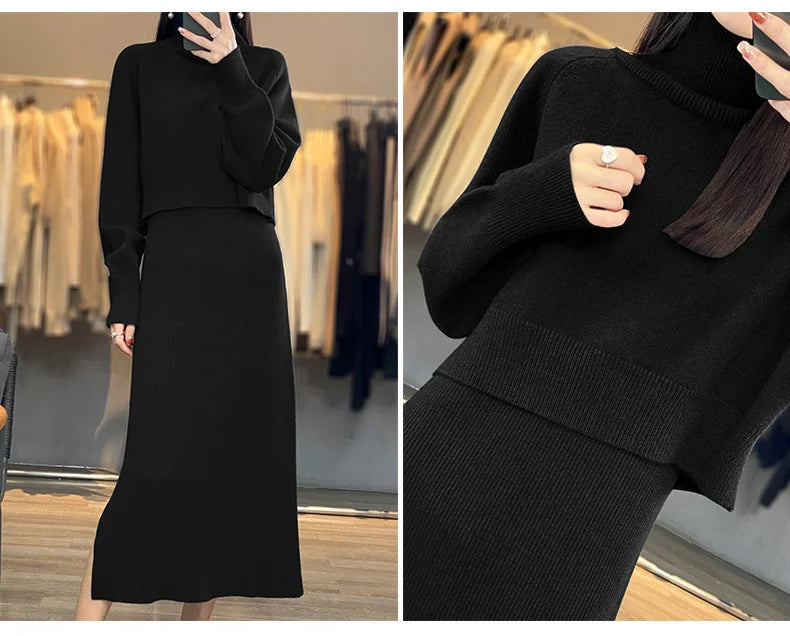 Two Piece Set Women New Autumn Winter Fashion Solid Color Sweater Suit Long Sleeve Turtleneck Clothing Straight Split Dress Sets