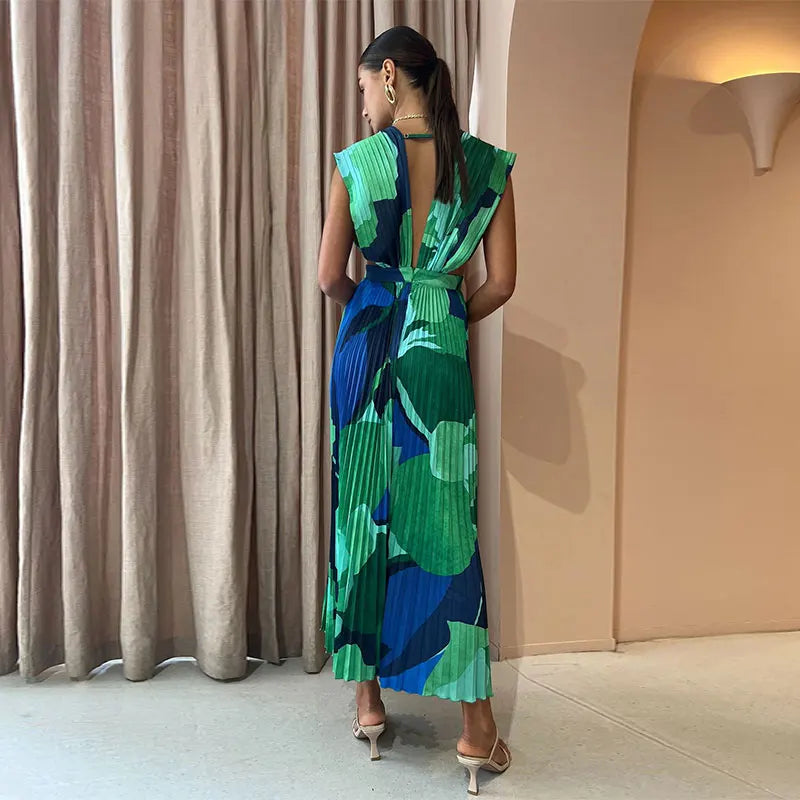 Maxi Dresses 2023 Summer Autumn Chic Vacation Holiday Vestidos Elegant V-neck Print Long Sleeve Dress For Women Patchwork Split