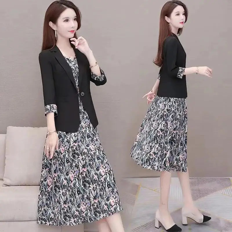 Women's Casual Floral Sling Dress Set 2025 Spring Autumn New Suit Jacket Dresses Two Piece Female Chic Blazers Midi Skirt Set