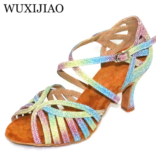 WUXIJIAO Latin Dance Shoes For Women Colorful glitter fabric Salsa Dance Shoes Women's Ballroom Dance Sandals