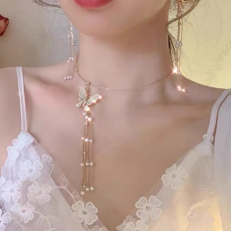 French Short Clavicle Chain New Flower Fairy Light Luxury Minority Design Temperament Pearl Tassel NecklaceTrendy Girl Gifts