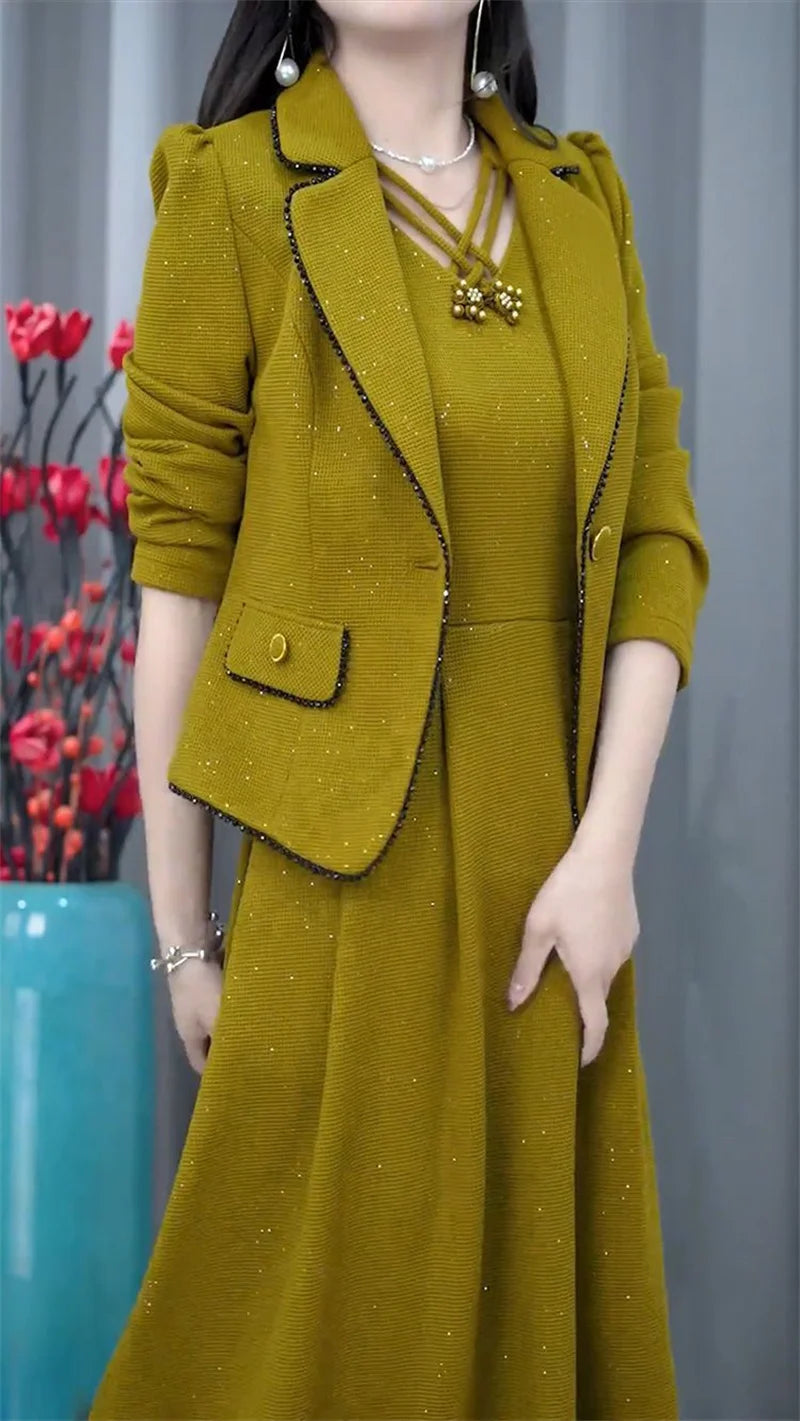 Middle Aged Female Dress Sets Spring Autumn High End Elegant Blazer Coat And Long Dress 2PCS Women OL Temperament Dresses Suit