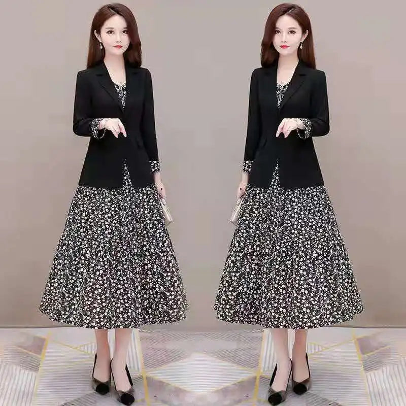 Women's Casual Floral Sling Dress Set 2025 Spring Autumn New Suit Jacket Dresses Two Piece Female Chic Blazers Midi Skirt Set