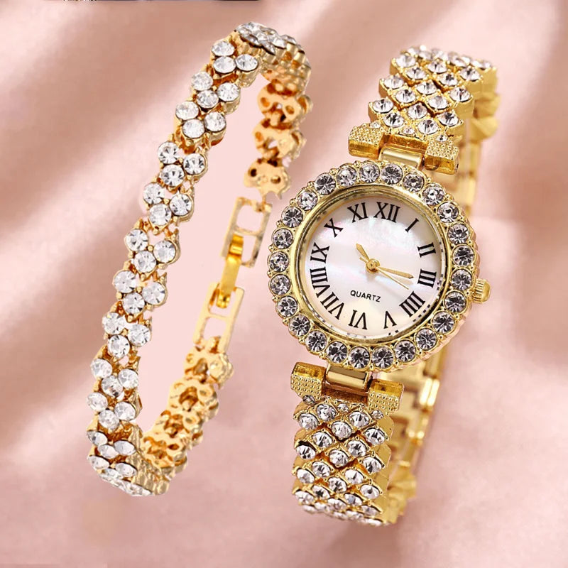 Fashion  Business  Luxury Full Crystal Watch Set Diamond Bracelet Set Jewelry for Women Gift  with Set Gift Box