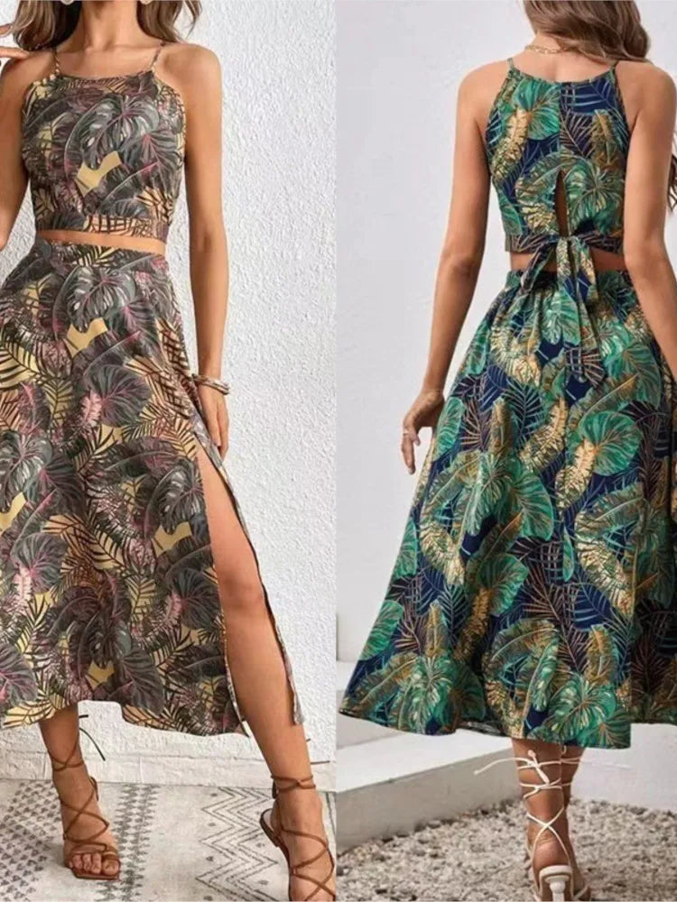 Women Summer Sexy Sleeveless Top With Matching Fashion Printed Skirt Two Piece Set