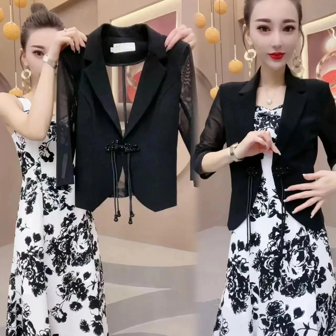 Popular High-End Brooch Blazer Slip Dress Suit Jacket Women's Summer Fashion Blazer Suit Skirt Two-Piece Set Sling Print Dress