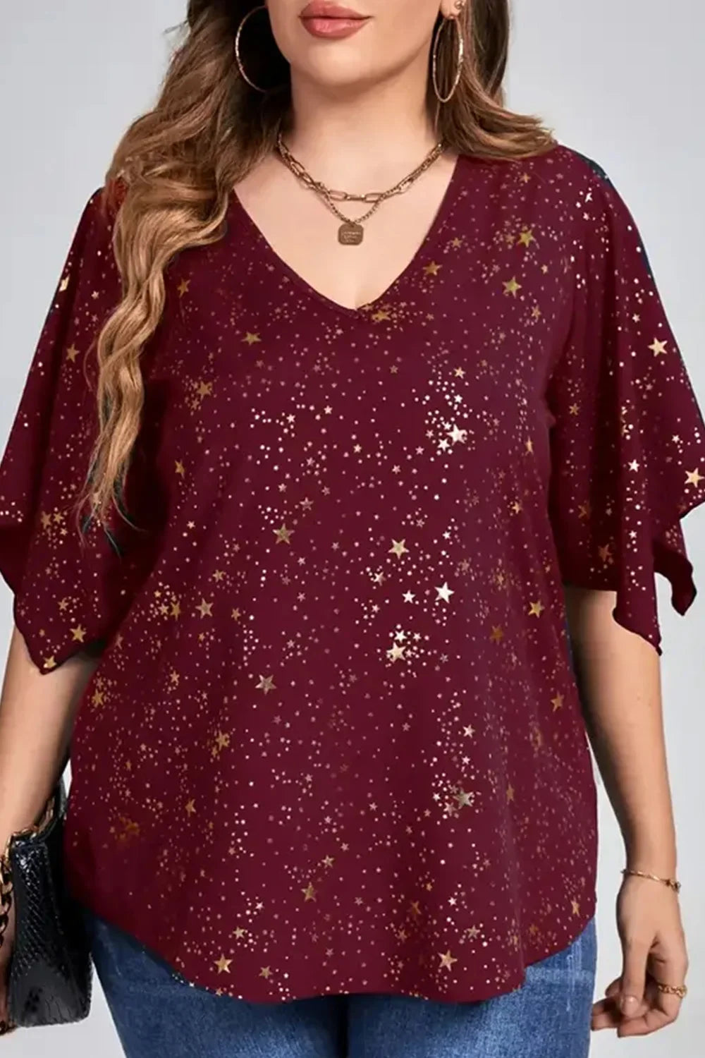 Plus Size Christmas Burgundy Sparkly Bronzing Print V Neck Blouse Half Sleeve Loose Tops