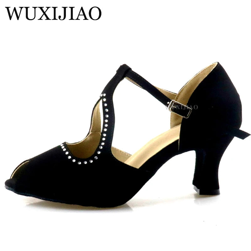 WUXIJIAO Suede Style Ballroom Dance Shoes Women with Black Party ladieslatin dance shoes black Women Latin Dance Shoes