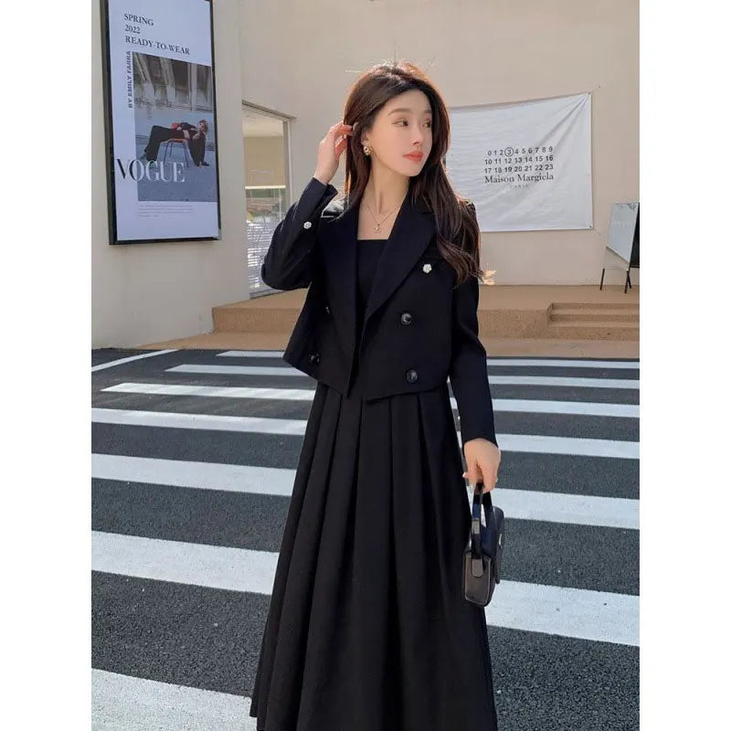 Autumn Korea Elegant Women Black Office Hepburn Suit Dress Casual Lapel  Blazer Coat Classic High Waist A Line  Pleated Dress