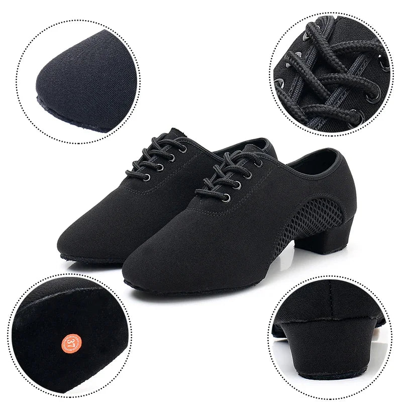 2024 New Arrival Oxford Cloth Latin Dance Shoes Unisex Air-Mesh Breathable Ballroom Shoes 3.5CM Heel Lace-Up Design Tango Jazz