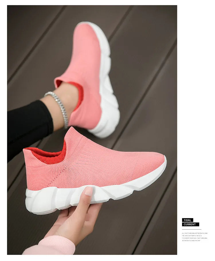 New Pink Women's Casual Sneakers Large Size 36-42 Comfort Breathable Socks Shoes For Women Slip-On Platform Loafer Shoes Womens