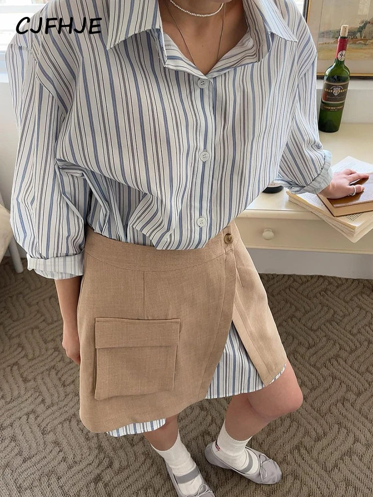 CJFHJE Harajuku Blue Two Piece Set Dress Women Striped Long Sleeve Shirt  Autumn Pocket Fashion Khaki A-line Elegant Lady Skirts