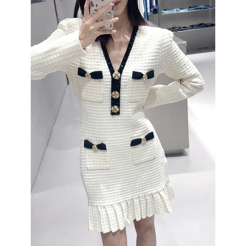 Luxury Autumn Long Sleeve White Sequin Short Dress Women's Knitted Waffle Mermaid Fishtail Crystal Button Evening Party Vestidos