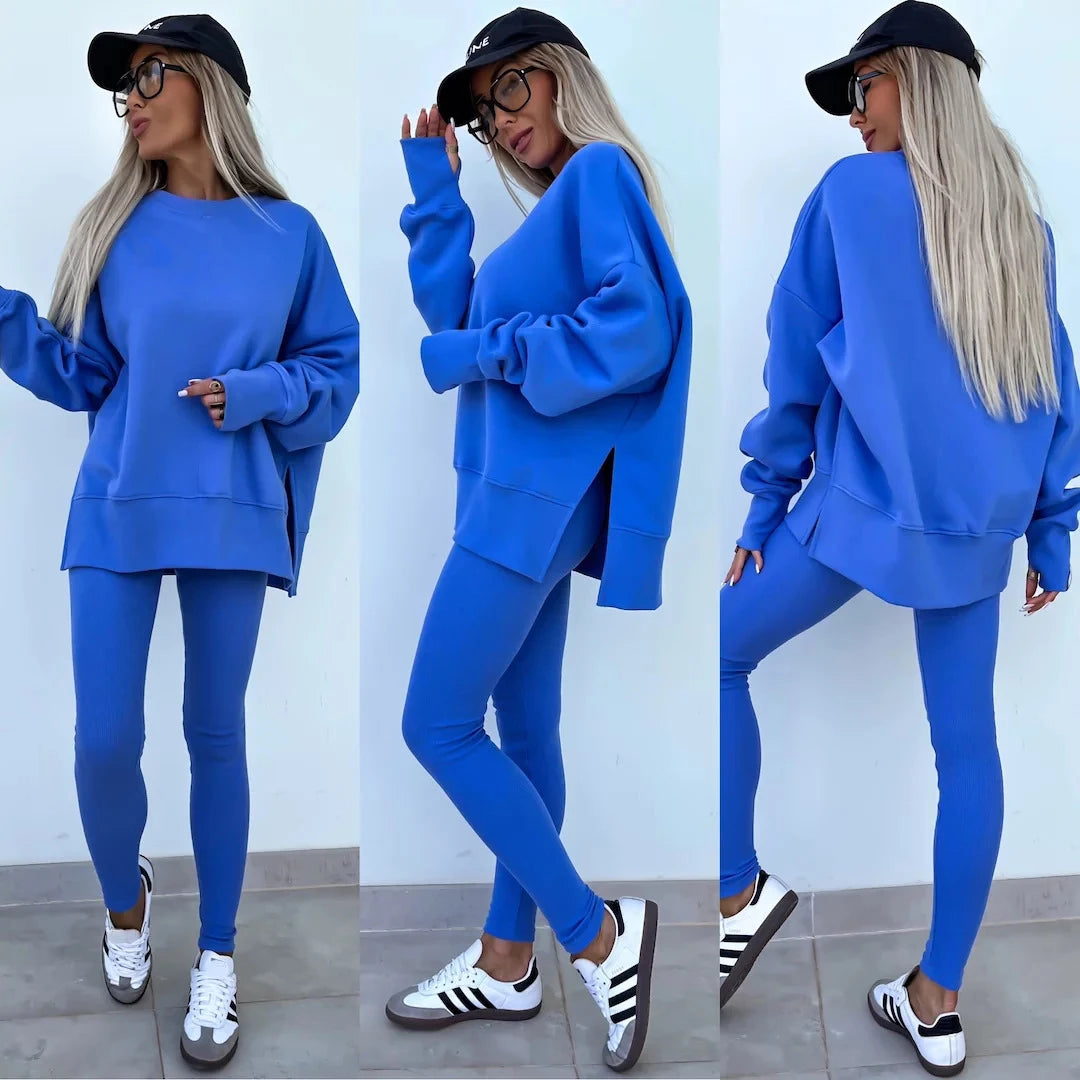 New in Women Tracksuit 2 Piece Sets Autumn Casual Oversized Sweatshirts Slit Fitness Slim High Waist Leggings Hoodie Set Female