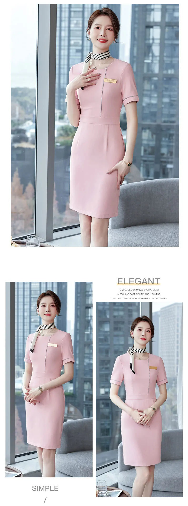 Summer Short Sleeve Elegant Dresses for Women Slim Hips with Scarf Professional Business Work Wear Office Ladies Vestidos