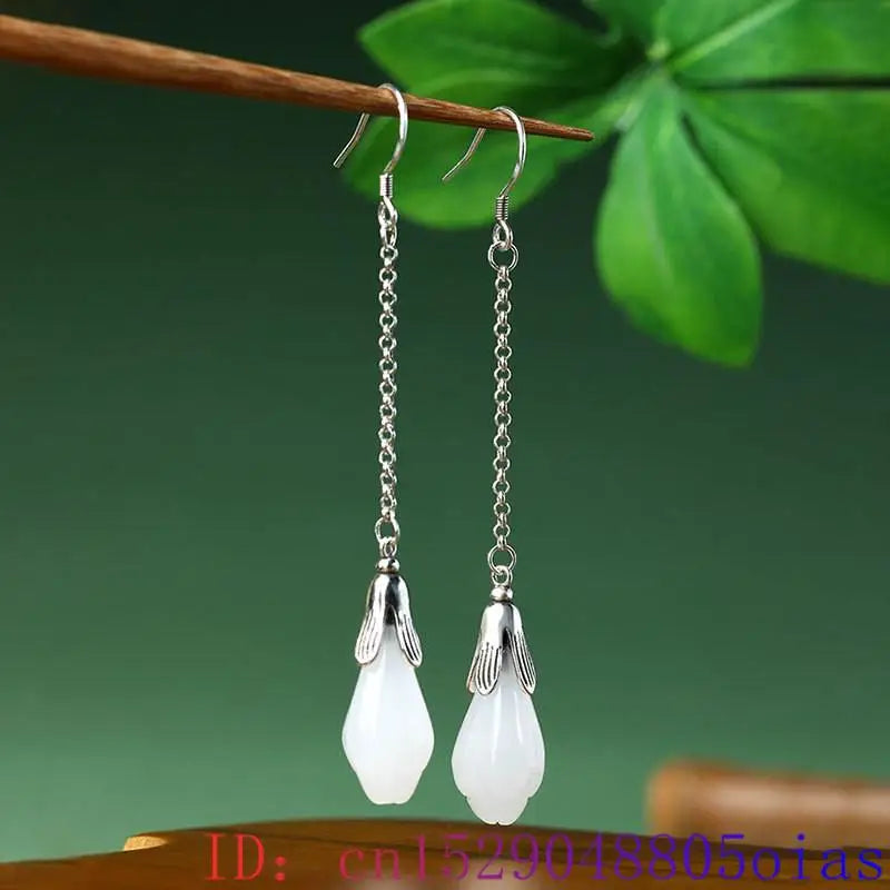 White Real Jade Flower Earrings Stone Gifts Women Accessories Luxury 925 Silver Natural Jewelry Gemstone Charm Designer Energy