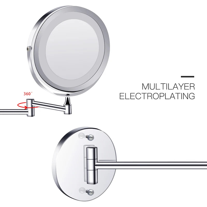 Wall Mounted Folding Arm Extend Bathroom Mirror With LED Light 10X Magnification Double Side Touch Dimming Makeup Mirrors