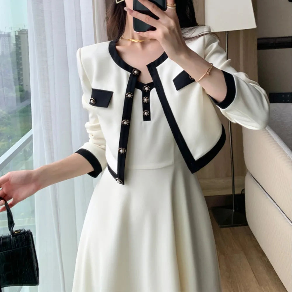 Women Short Coat A-Line Midi Camisole Dresses Spring Elegant 2-Piece Dress Set for Lady Slim Korean New Fashion Female Suit