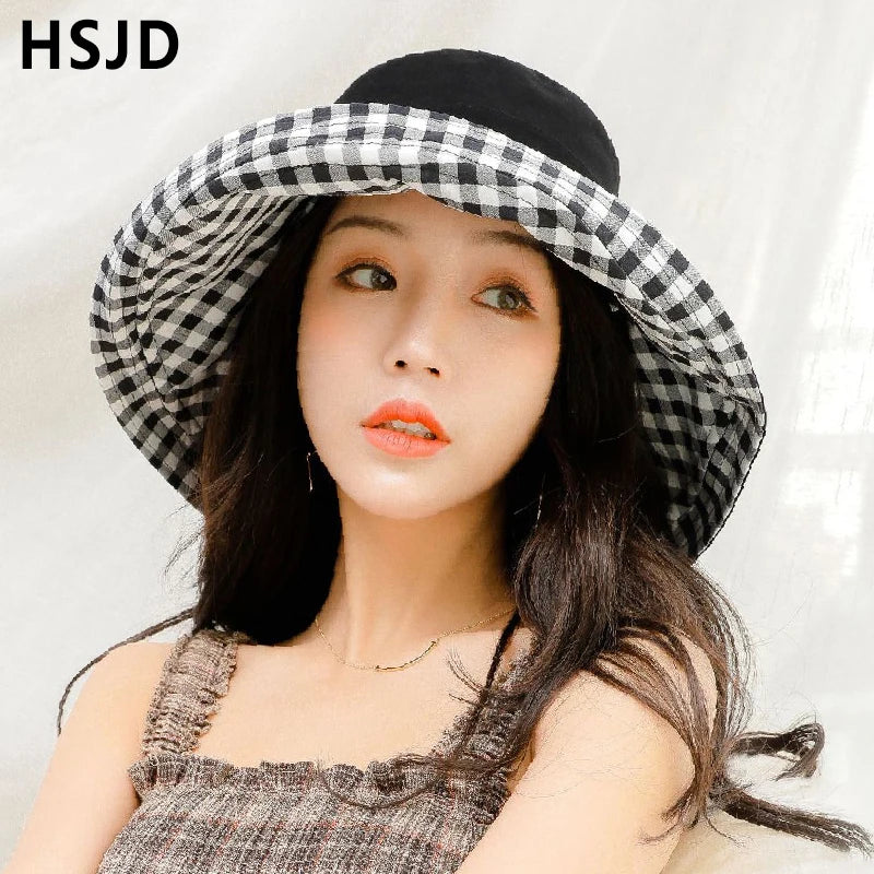 Summer Women Double-sided Cotton Linen Plaid Sun Hat Elegant Big Wide Brim Foldable Anti-UV Beach Sun Floppy Hats Flat Caps Bob