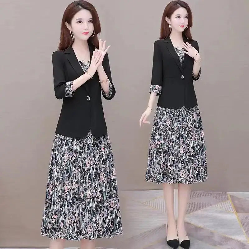 Women's Casual Floral Sling Dress Set 2025 Spring Autumn New Suit Jacket Dresses Two Piece Female Chic Blazers Midi Skirt Set