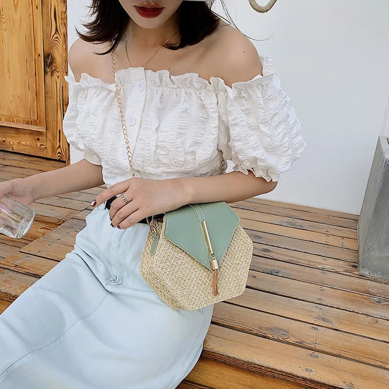 Hexagon Shape Straw PU Leather Handbag Women Summer Rattan Bag Handmade Woven Beach Bohemia Chain Strap Shoulder Crossbody Bags