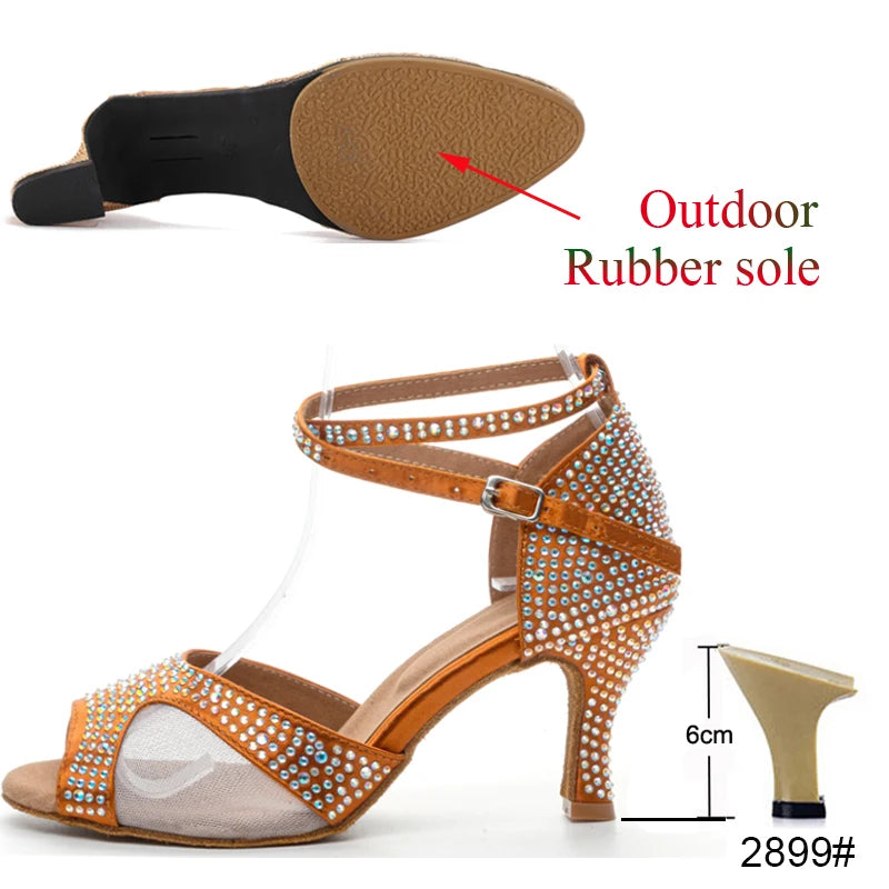 Latin Dance Shoes Women's Salsa Tango Ballroom Party High Heel Women's Shoes Bronze Satin Rhinestone Dance Sandals Summer