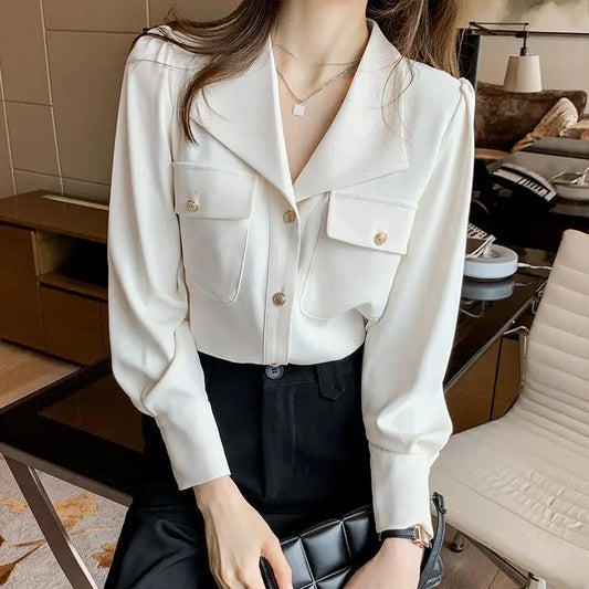 Women's Shirt and Blouse White Dress Shirts Loose Office Outfits Wear To Work Formal Female Tops Full Long Sleeve Button Up Cool