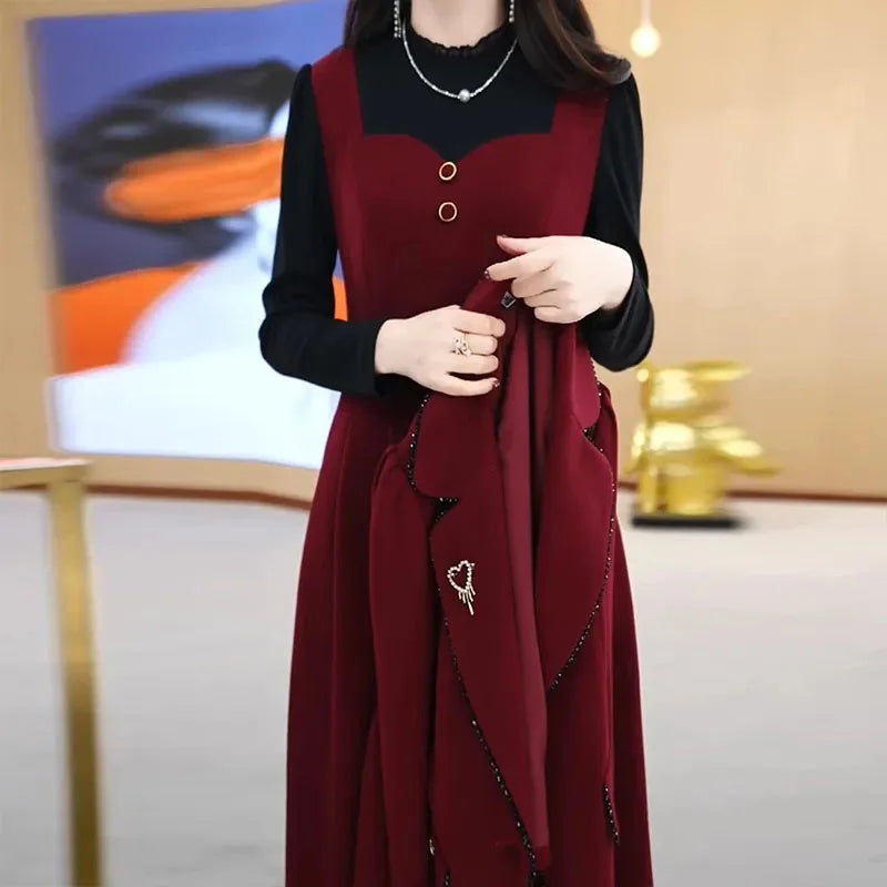 High End Suit Jacket Dress Two-piece Set Women 2024 Spring Autumn Winter New Advanced Red Blazer Coat Long Dress Female Outfit