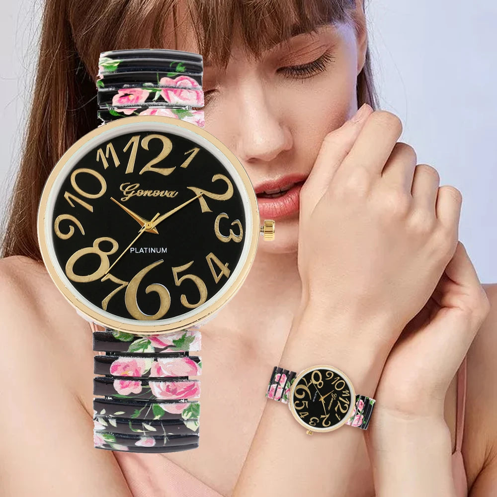 Fashion Women Quartz Watch Large Arabic Number Dial Ladies Wristwatch Unique Elastic Printing Strap Girls Watches Reloj Mujer