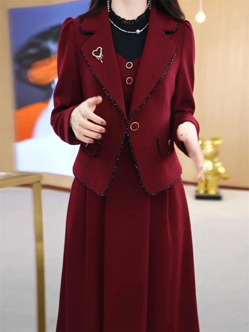 High End Suit Jacket Dress Two-piece Set Women 2024 Spring Autumn Winter New Advanced Red Blazer Coat Long Dress Female Outfit