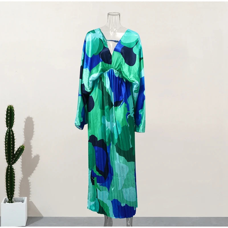 Maxi Dresses 2023 Summer Autumn Chic Vacation Holiday Vestidos Elegant V-neck Print Long Sleeve Dress For Women Patchwork Split