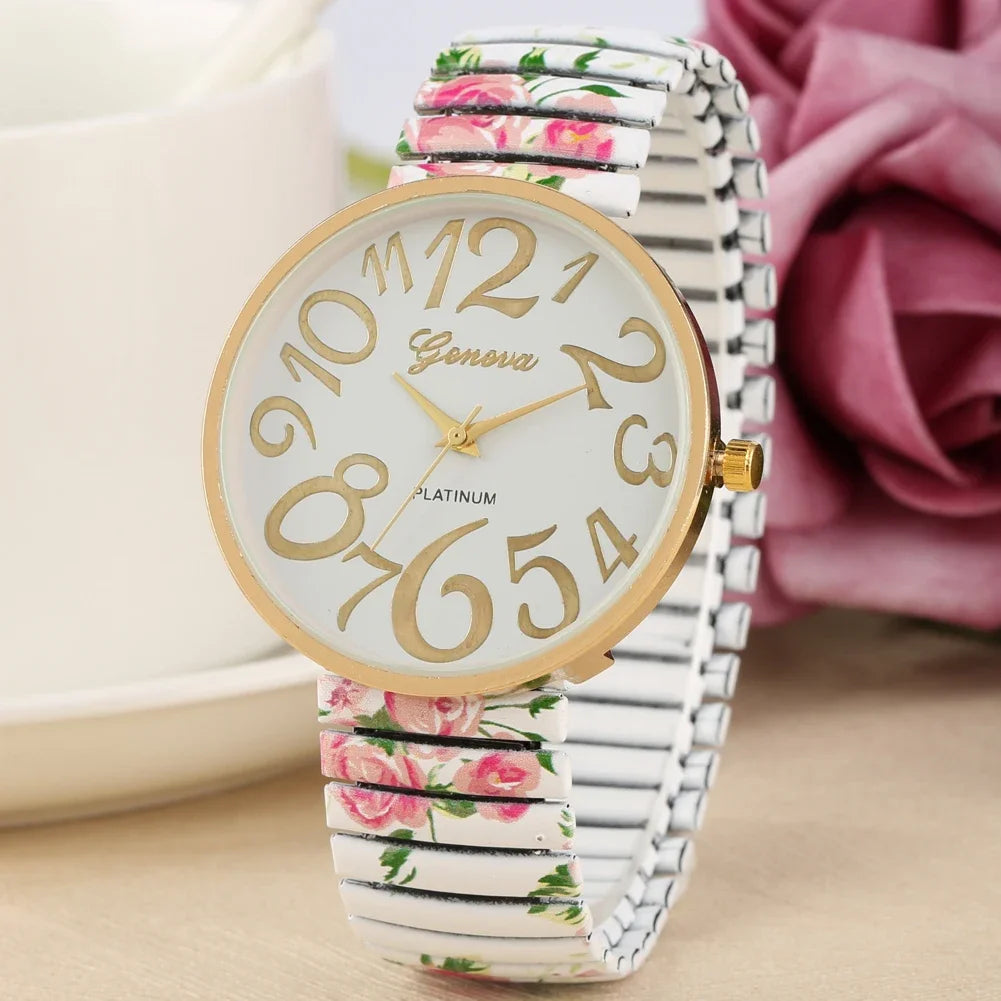 Fashion Women Quartz Watch Large Arabic Number Dial Ladies Wristwatch Unique Elastic Printing Strap Girls Watches Reloj Mujer