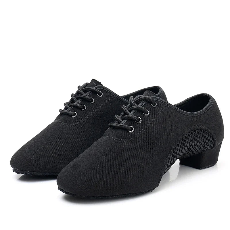 2024 New Arrival Oxford Cloth Latin Dance Shoes Unisex Air-Mesh Breathable Ballroom Shoes 3.5CM Heel Lace-Up Design Tango Jazz