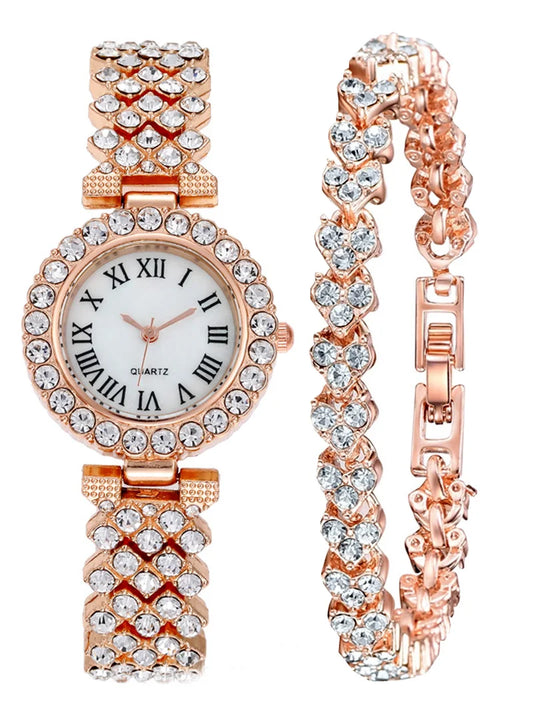 Fashion  Business  Luxury Full Crystal Watch Set Diamond Bracelet Set Jewelry for Women Gift  with Set Gift Box