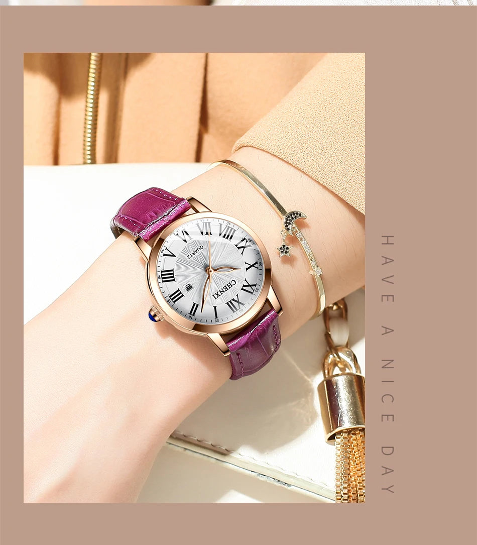 CHENXI Leather Quartz Ladies Watches Top Brand Luxury Casual Watch for Women Waterproof Fashion Leather Analog Womens Wristwatch