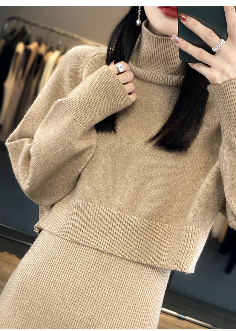 Two Piece Set Women New Autumn Winter Fashion Solid Color Sweater Suit Long Sleeve Turtleneck Clothing Straight Split Dress Sets