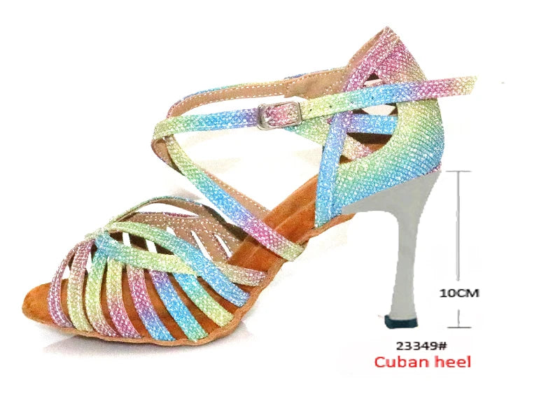 WUXIJIAO Latin Dance Shoes For Women Colorful glitter fabric Salsa Dance Shoes Women's Ballroom Dance Sandals