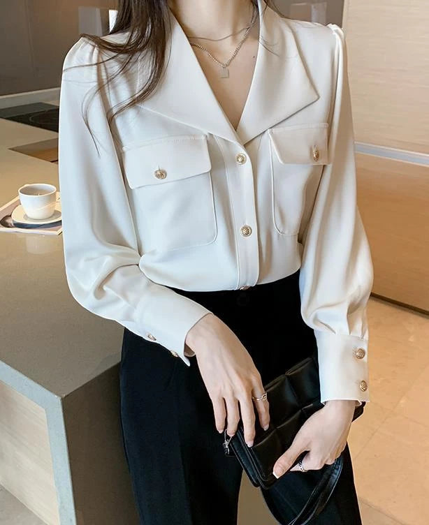 Women's Shirt and Blouse White Dress Shirts Loose Office Outfits Wear To Work Formal Female Tops Full Long Sleeve Button Up Cool