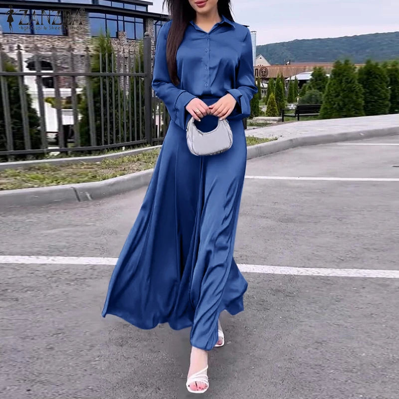 ZANZEA Vintage Satin Silk Dress Suit Fashion Solid Shirt Outfits Swing Skirt Sets Casual Loose Buttons Holiday Office 2pcs Sets