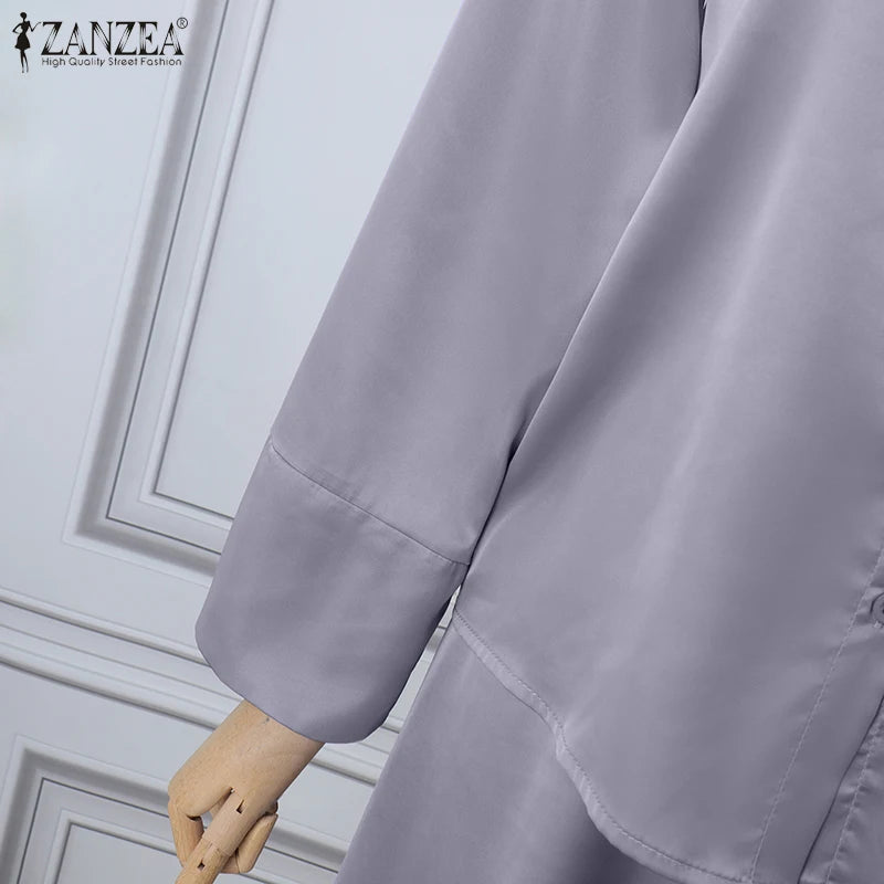 ZANZEA Vintage Satin Silk Dress Suit Fashion Solid Shirt Outfits Swing Skirt Sets Casual Loose Buttons Holiday Office 2pcs Sets