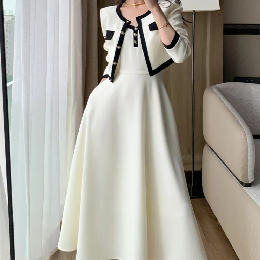 Women Short Coat A-Line Midi Camisole Dresses Spring Elegant 2-Piece Dress Set for Lady Slim Korean New Fashion Female Suit