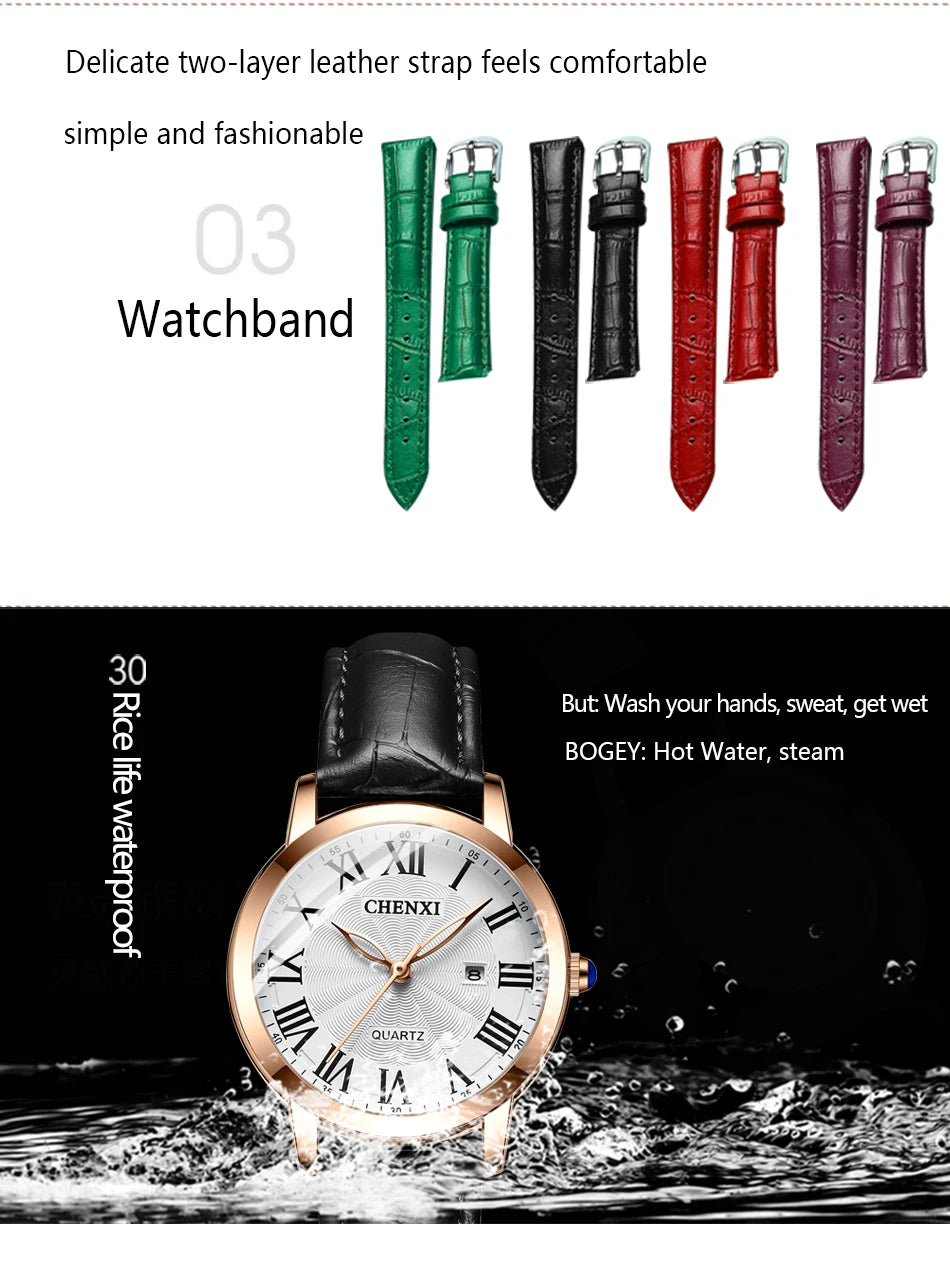 CHENXI Leather Quartz Ladies Watches Top Brand Luxury Casual Watch for Women Waterproof Fashion Leather Analog Womens Wristwatch