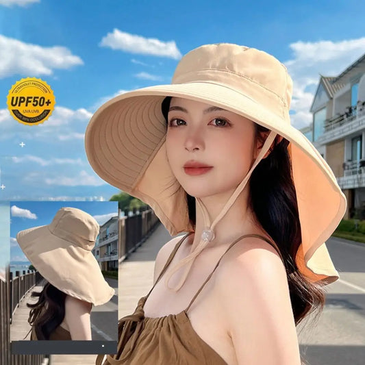 Women's Summer Hat for The Sun Wide Brim UV Neck Protection Solar Beach Bucket Hats Foldable Ponytail Travel Panama Cap