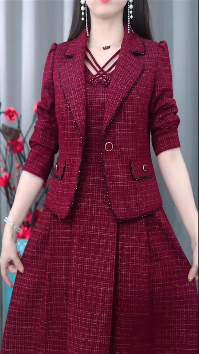 Middle Aged Female Dress Sets Spring Autumn High End Elegant Blazer Coat And Long Dress 2PCS Women OL Temperament Dresses Suit